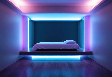 This unique bedroom features a minimalist design illuminated by striking blue and purple lights.の素材