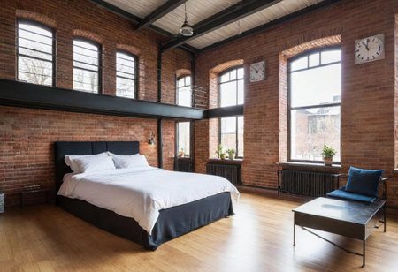 Bright and inviting bedroom features rustic brick walls, large windows, and wooden flooring.の素材