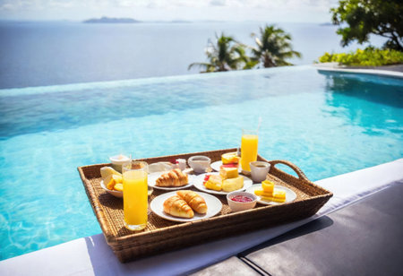 Delicious pastries, fresh juices, and desserts are elegantly arranged by a pool with ocean views.の素材