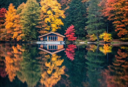 A cozy wooden cabin surrounded by vibrant fall foliage reflects beautifully on still waters.の素材