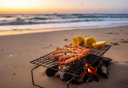 Shrimp and pineapple grill over open flames at sunset, creating a festive beach vibe.の素材