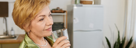 Senior woman with lovely features enjoys a cool drink in her inviting kitchen.の写真素材