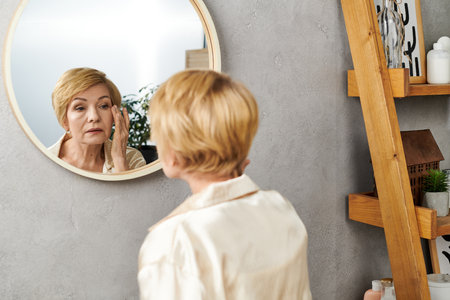 In a calm indoor space, a lovely senior woman gently applies skincare while looking in a mirror.の写真素材