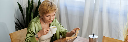 Senior woman relaxes with coffee while deeply engaged in reading a book at home.の写真素材