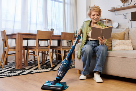 A beautiful mature woman relaxes with a book as she uses a vacuum in her stylish living area.の写真素材