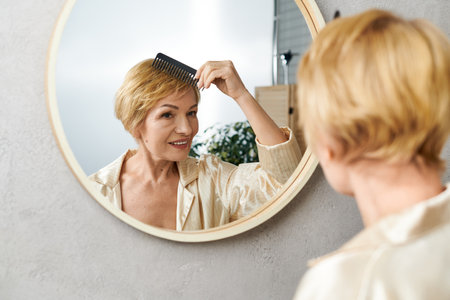 An elegant senior woman smiles at her reflection while combing her short blonde hair.の写真素材