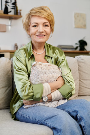A lovely senior woman relaxes on the couch with a soft blanket, smiling in her cozy living room.の写真素材