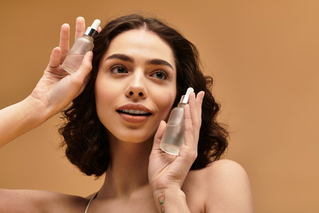 Pretty young woman showcases her beauty skin care routine with enthusiasm and charm.のeditorial素材