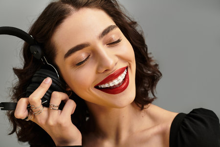 Bright red lips accentuate her joy as she listens to music, radiating youthful beauty.のeditorial素材