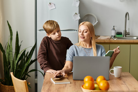A mother engages her son while working at a table filled with fruit, highlighting their close bond.の写真素材