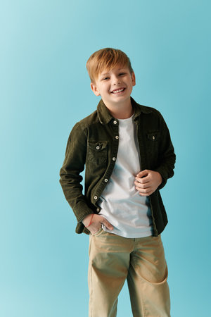 A little boy in stylish attire posing on vibrant blue backdrop.