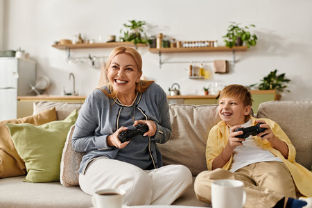 A woman and her young son are laughing together as they play video games in their cozy living room.の写真素材