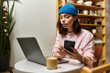 Young woman immersed in work at a stylish cafe, using laptop and phone, enjoying coffee.