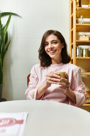 A young woman smiles brightly while holding a warm drink, relaxing in a trendy cafe atmosphere.のeditorial素材
