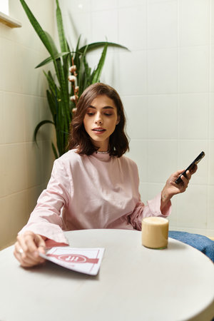 A pretty young woman relaxes in a modern cafe, sipping a drink and checking her phone.
