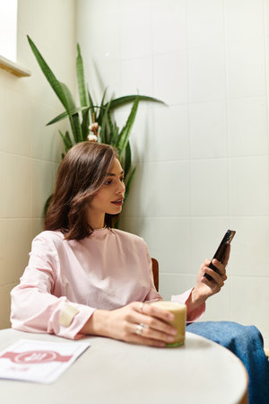 In a cozy cafe, a young woman relaxes with a drink, focused on her smartphone.のeditorial素材