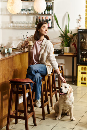 A young woman relaxes with her labrador in a stylish cafe while sipping her warm drink.のeditorial素材