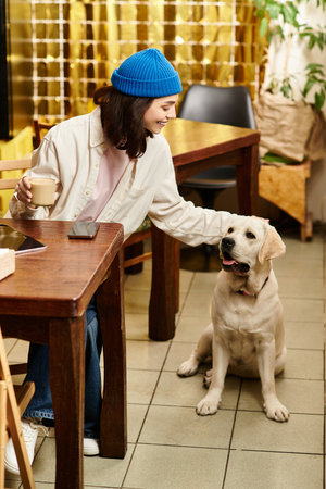 A young woman with her labrador enjoys quality time at a modern cafe filled with warmth.