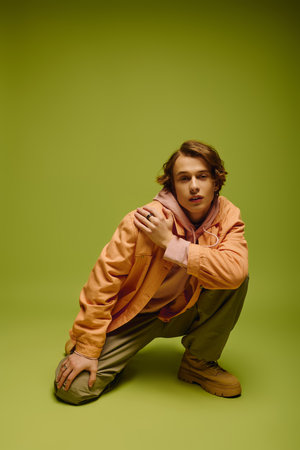 Youthful fashionista poses elegantly in trendy attire within a striking green environment.