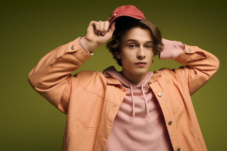 Handsome young man adjusts his cap while displaying a stylish layered look full of youthful flair.のeditorial素材