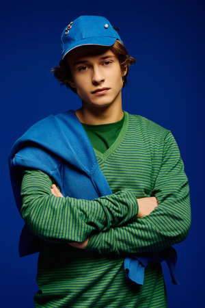 Stylish young man exudes confidence in bold colors against a vibrant backdrop.のeditorial素材