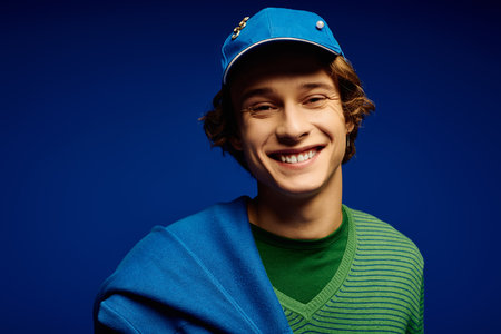 Confident young man in trendy attire smiles brightly against a striking blue background.のeditorial素材