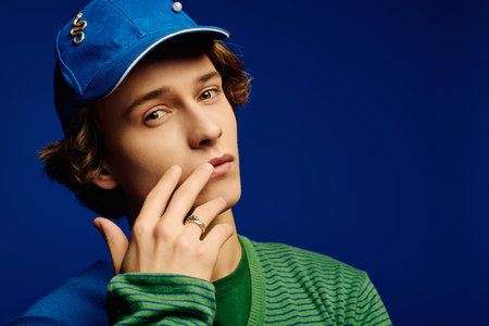 In a striking blue backdrop, a young man displays trendy attire and fashionable confidence.のeditorial素材