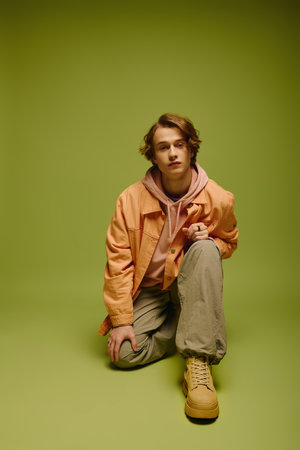 A young man in trendy clothes kneels in a bright green studio, showcasing youthful fashion.のeditorial素材