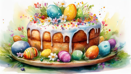 A beautifully designed easter cake adorned with vibrant eggs and fresh flowers celebrates spring.の素材