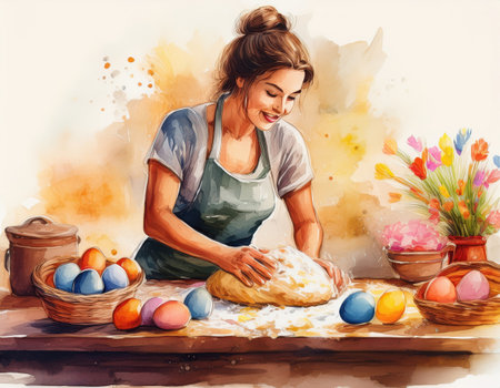 A cheerful baker kneads dough surrounded by vibrant easter eggs and spring flowers.の素材