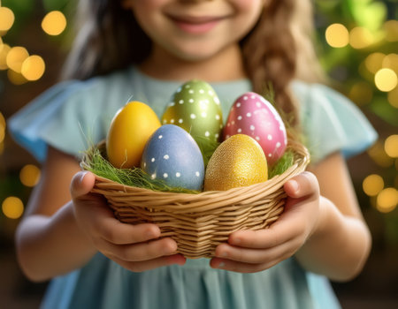 A young child holds a basket of vibrant easter eggs, celebrating the joy of spring.の素材