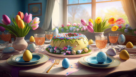 A vibrant table filled with decorated eggs, blooming tulips, and a delicious spring cake.の素材