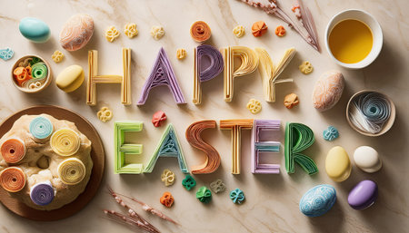 Decorative pasta and colorful eggs create a festive atmosphere for the joyful easter holiday.の素材