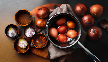 Colorful eggs soak in natural dye made from onion skins, adding joy to the easter festivities.の素材