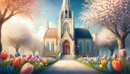 A colorful church stands amid tulips and blooming trees in a vibrant Easter landscape.の素材