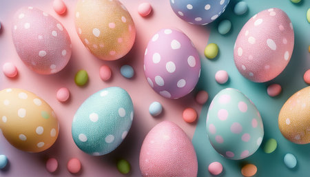 Brightly colored easter eggs and candy adorn a pastel backdrop, celebrating spring festivities.の素材