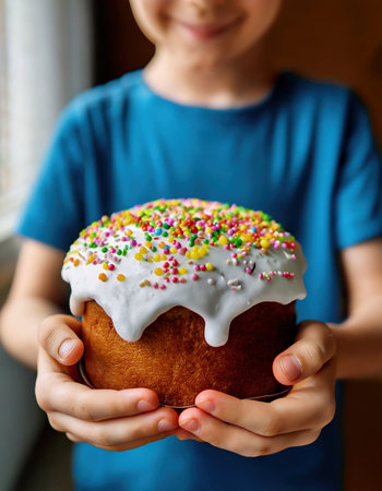A child proudly holds a colorful cake topped with sprinkles, celebrating Easter joyfully.の素材