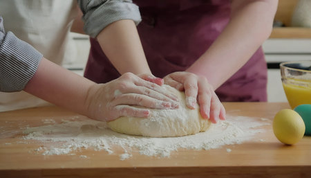 Hands work together to knead dough, creating festive treats for the joyful Easter holiday.の素材