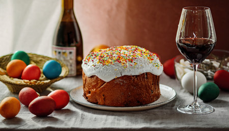 Spring holiday gathering showcases vibrant eggs and an enticing sweet cake with frosting.の素材