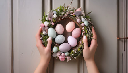 Delicate hands hold a lovely wreath adorned with pastel Easter eggs and spring flowers.の素材