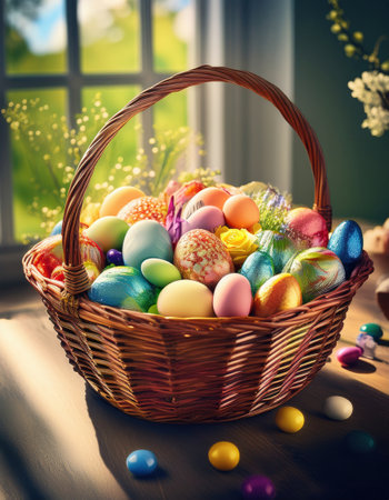 A colorful basket of beautifully decorated Easter eggs sits on a sunlit table, celebrating spring.の素材