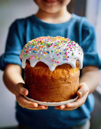 A child happily holds a colorful cake adorned with sprinkles, ready for Easter festivities.の素材