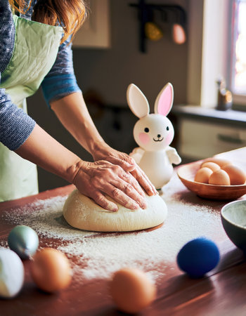 Hands kneading dough with colorful eggs nearby and a cheerful bunny figurine in the kitchen.の素材