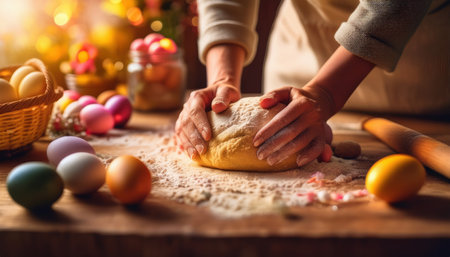 Hands kneading dough in a warm kitchen filled with colorful Easter eggs and festive ambiance.の素材