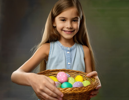 A young girl beams as she holds a basket of colorful Easter eggs, celebrating the holiday.の素材