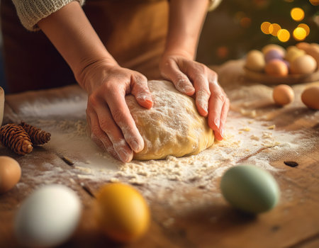 Hands knead dough for festive Easter pastries surrounded by colorful eggs and pinecones.の素材