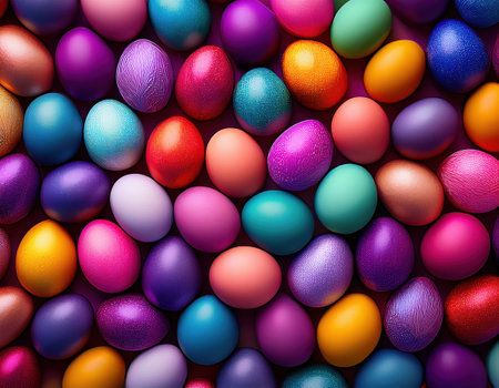 Brightly colored Easter eggs are arranged together, symbolizing joy and renewal of spring.の素材