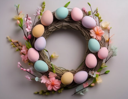 A beautiful wreath with pastel eggs and flowers captures the festive Easter spirit.の素材