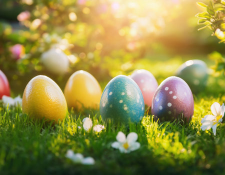 Brightly painted easter eggs rest amidst blooming flowers, celebrating spring and festive joy.の素材