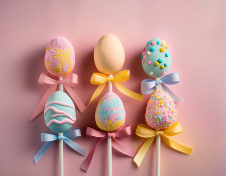 Delightful decorative candy eggs adorned with ribbons perfect for an Easter celebration.の素材